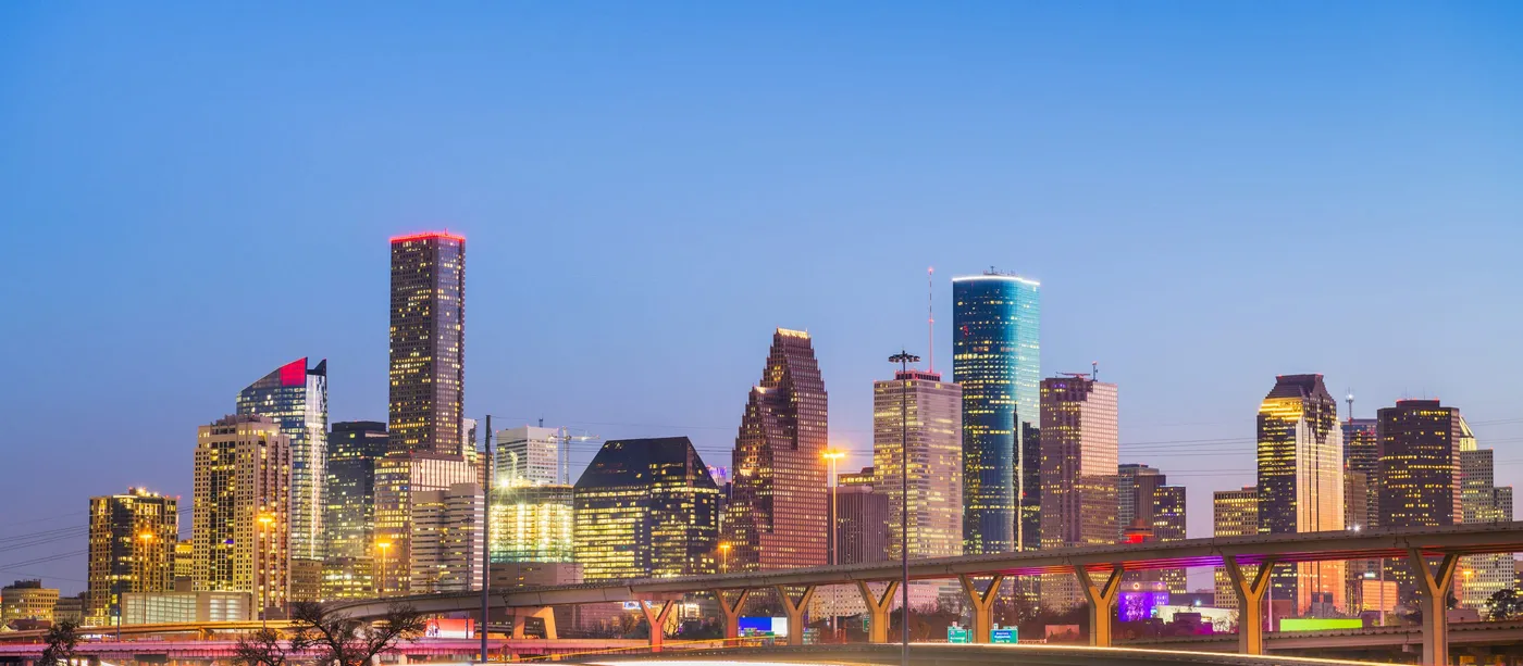 The downtown Houston skyline at dusk