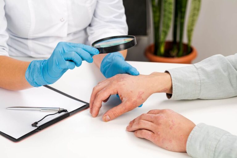 A healthcare professional wearing blue gloves examines a patient&apos;s hand with visible skin conditions using a magnifying glass. The setting includes a clipboard with a pen, indicating a medical consultation. This image illustrates the importance of dermatological assessments for skin issues, emphasizing patient care and attention to detail in diagnosis.