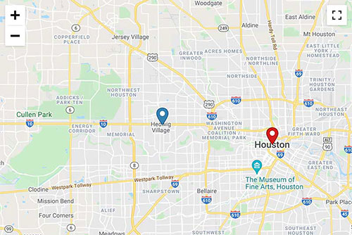 Map of Houston, Texas, highlighting key locations including Hevving Village and the Museum of Fine Arts. The map features major highways, neighborhoods, and points of interest for navigation. The red marker indicates the city center of Houston, while the blue marker shows Hevving Village. This visual aids in understanding the geographical layout and proximity of these areas within the city, useful for visitors and residents alike. The map is interactive, allowing users to zoom in and out for detailed exploration.