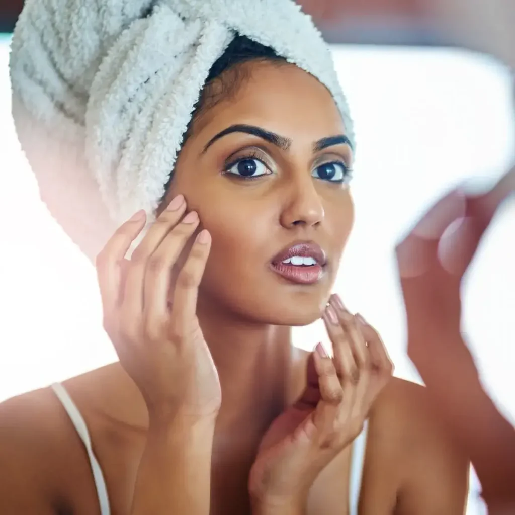 A woman with a towel wrapped around her hair examines her skincare routine in a bright bathroom mirror. She gently touches her face, showcasing a natural and radiant complexion. The soft lighting highlights her features, emphasizing her clear skin and thoughtful expression. This image promotes self-care and beauty routines, ideal for skincare and wellness content.