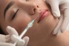 A close-up image of a woman receiving a cosmetic lip injection. A medical professional, wearing gloves, is carefully administering the injection near her lips with a syringe. The woman&apos;s eyes are closed, and she appears calm during the procedure. The setting is clinical, emphasizing safety and professionalism in aesthetic treatments. This image highlights the growing popularity of cosmetic enhancements, focusing on lip augmentation techniques.
