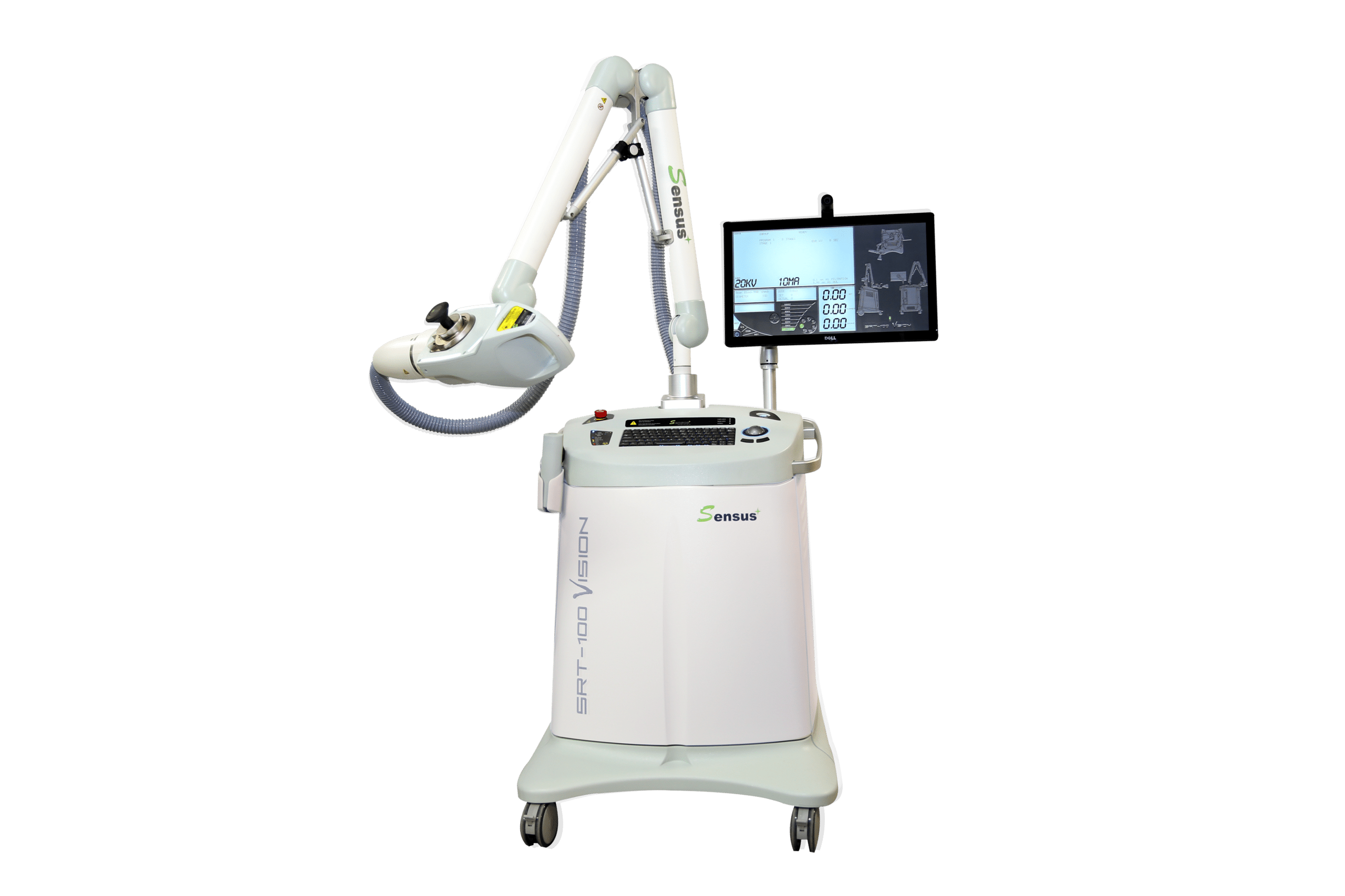 SRT-100 Vision medical device featuring a mobile design with a control panel and touchscreen display. The device includes a treatment arm with a precision applicator, used for targeted skin therapy. It is equipped with various settings displayed on the monitor, indicating treatment parameters. Ideal for dermatological applications, the SRT-100 Vision emphasizes advanced technology for effective patient care. The machine is designed for easy maneuverability in clinical settings, enhancing accessibility and efficiency in medical treatments.
